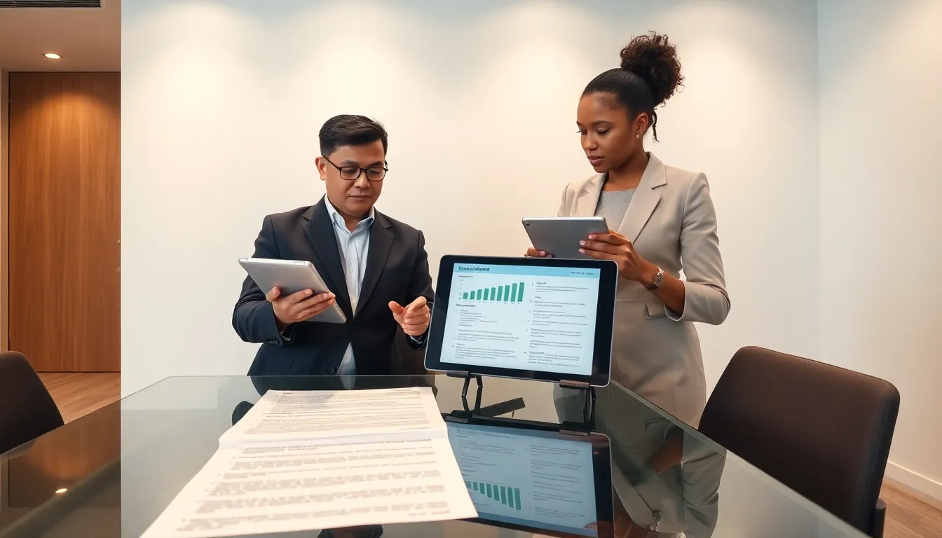 landlord discussing insurance policies with an agent in a modern office.