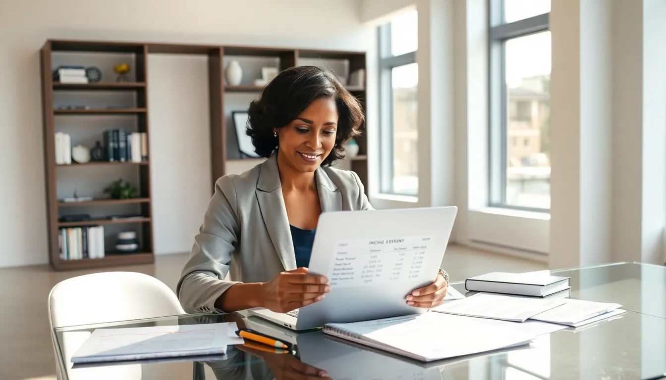 analyst reviewing an income statement for rental properties in a modern office.