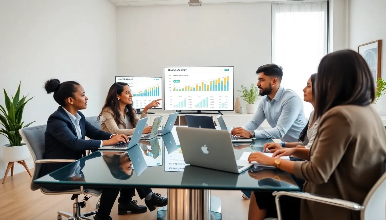 diverse team analyzing rental market data in a modern office.