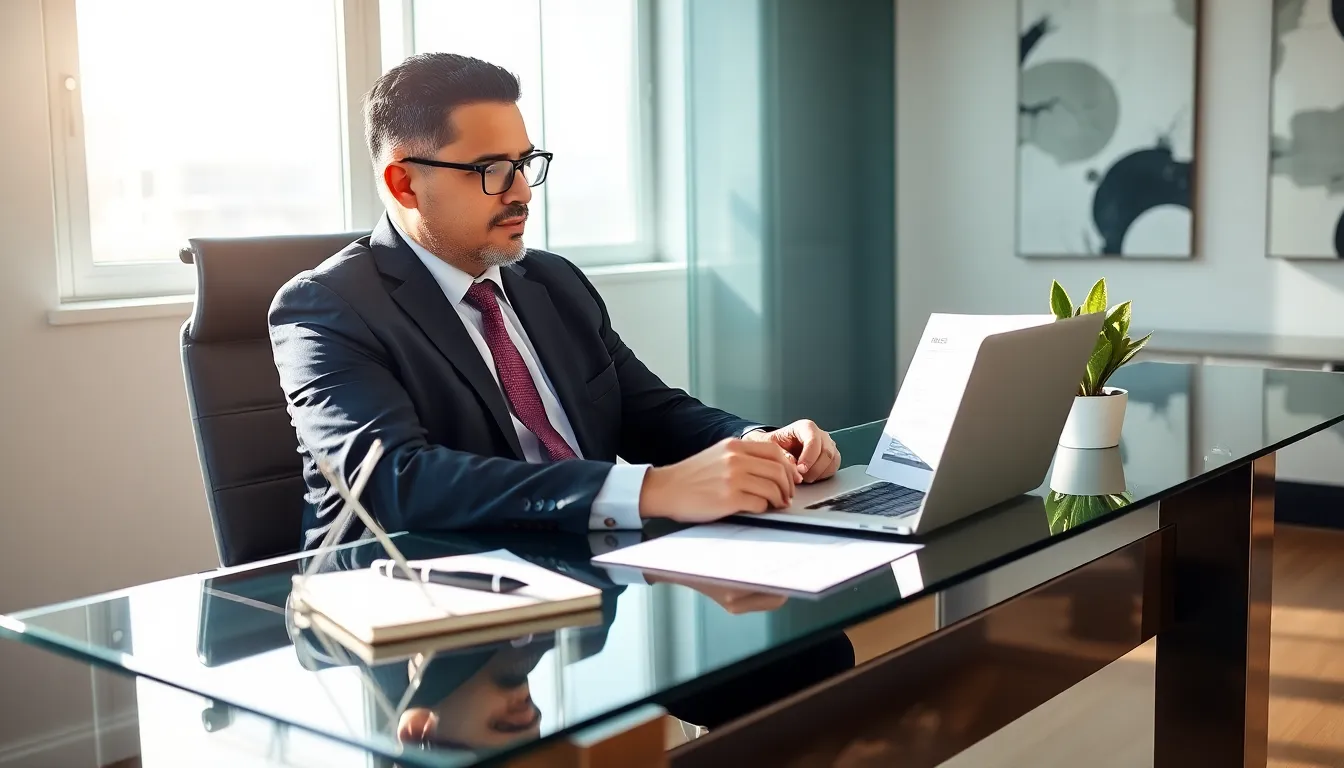 A landlord reviewing insurance documents in a modern office.