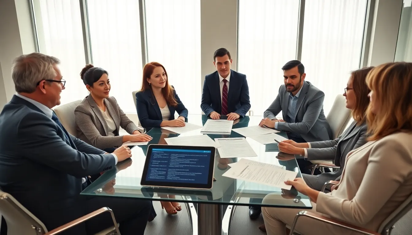 diverse group discussing landlord legal advice in a modern office.