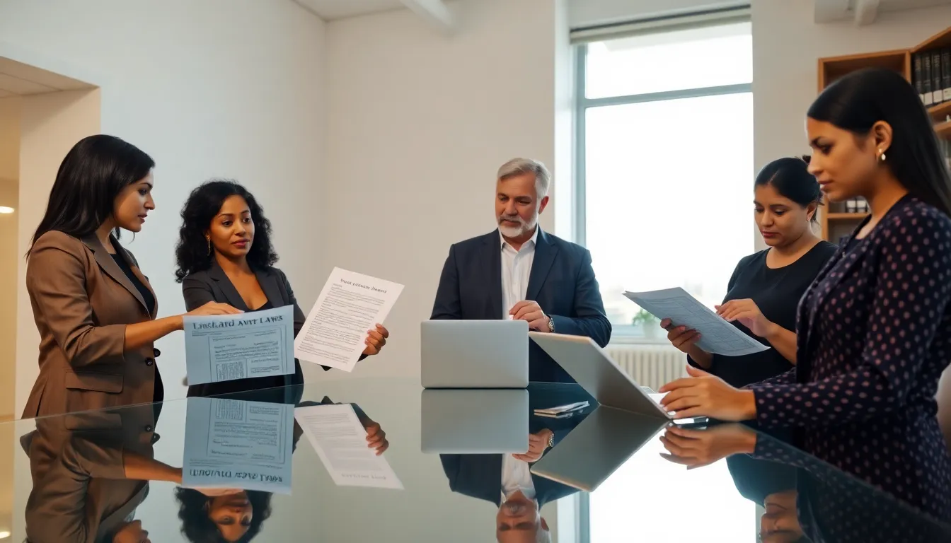 diverse legal professionals discussing landlord-tenant laws in an office.