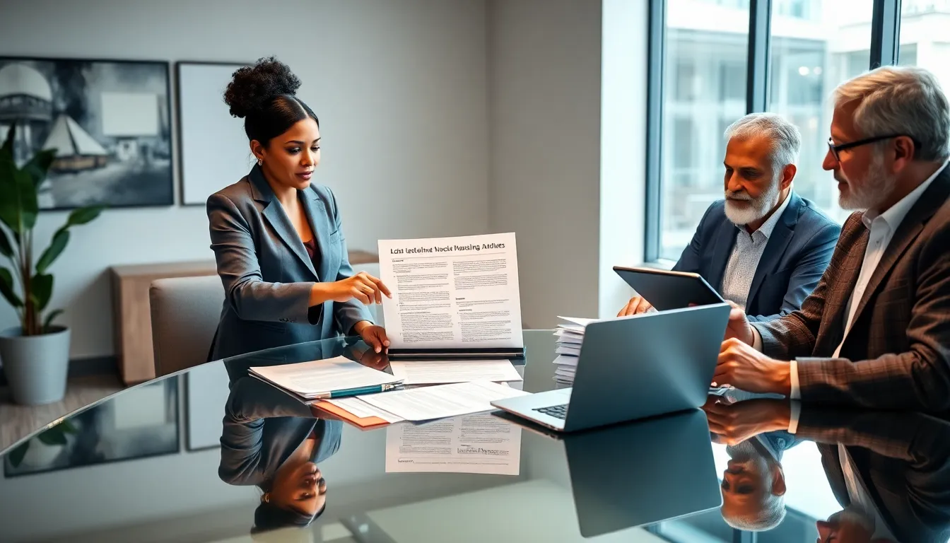 diverse landlords discussing legal responsibilities in a modern office.