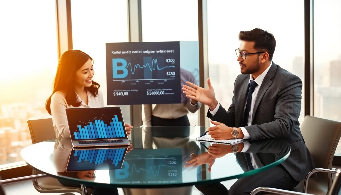 diverse team discussing rental market trends in a modern office.