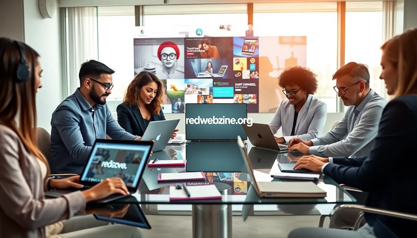 diverse professionals collaborating on a digital platform in a modern office.